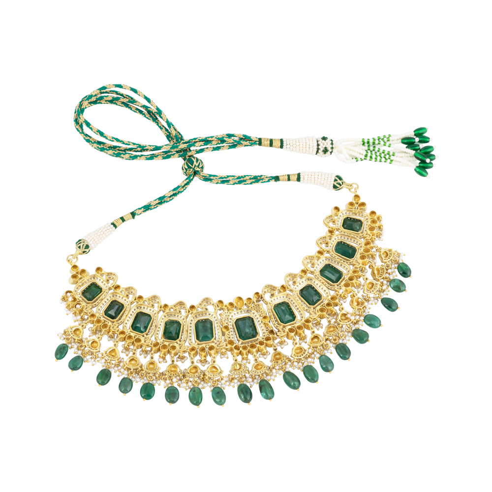 Emerald Colourstones Polki Choker with Emerald Maniya